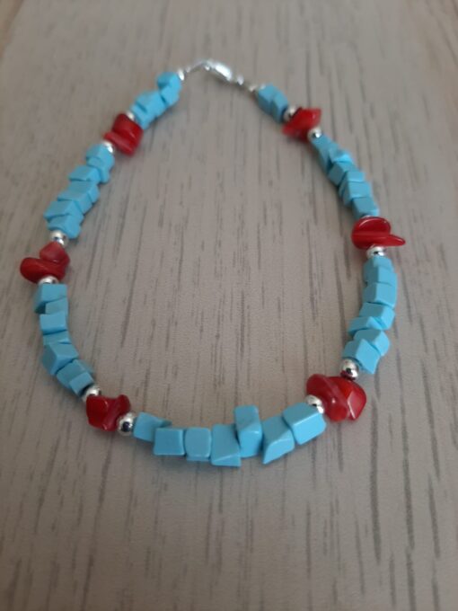 Bracciale Unisex in Pasta di Turchese Sfaccettato e Corallo Bambù Rosso - immagine 2